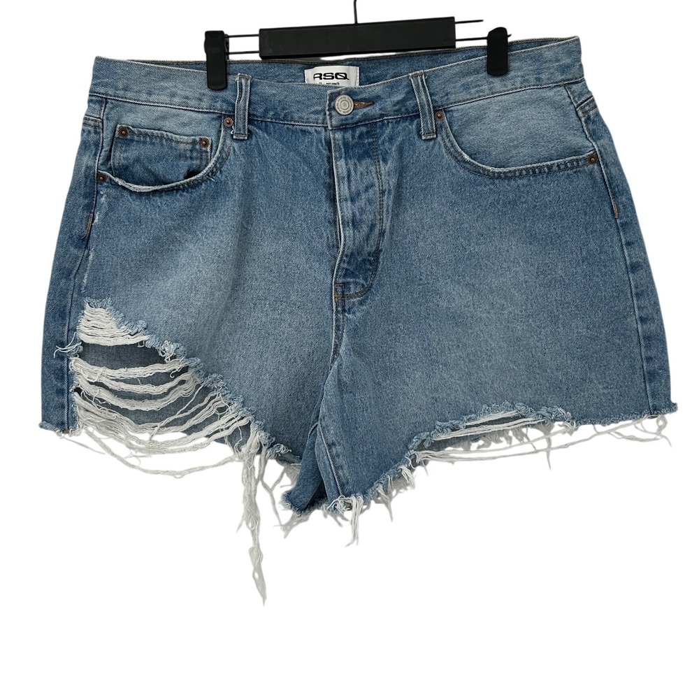RSQ Womens Distressed Denim Shorts Size 33 Blue Medium Wash Raw Hem High Rise‎